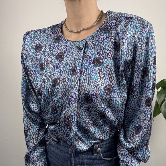 Vintage 80s Abstract Silky Satin Jewel Tone Blouse, Hong Kong - Picture 3 of 10
